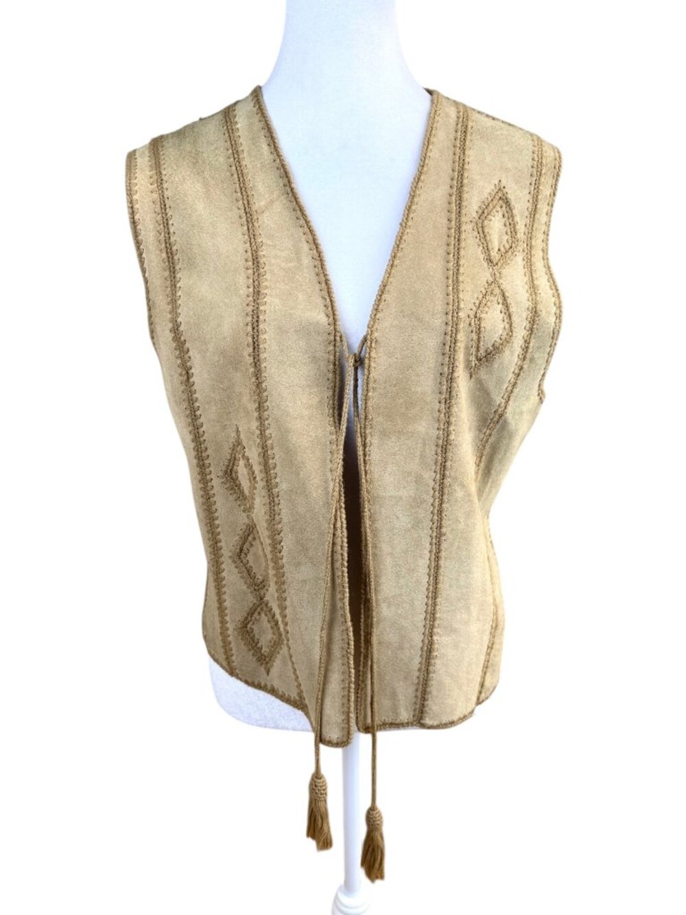 Suede Vest Beige Tan Vintage Embroidered Southwestern (M)